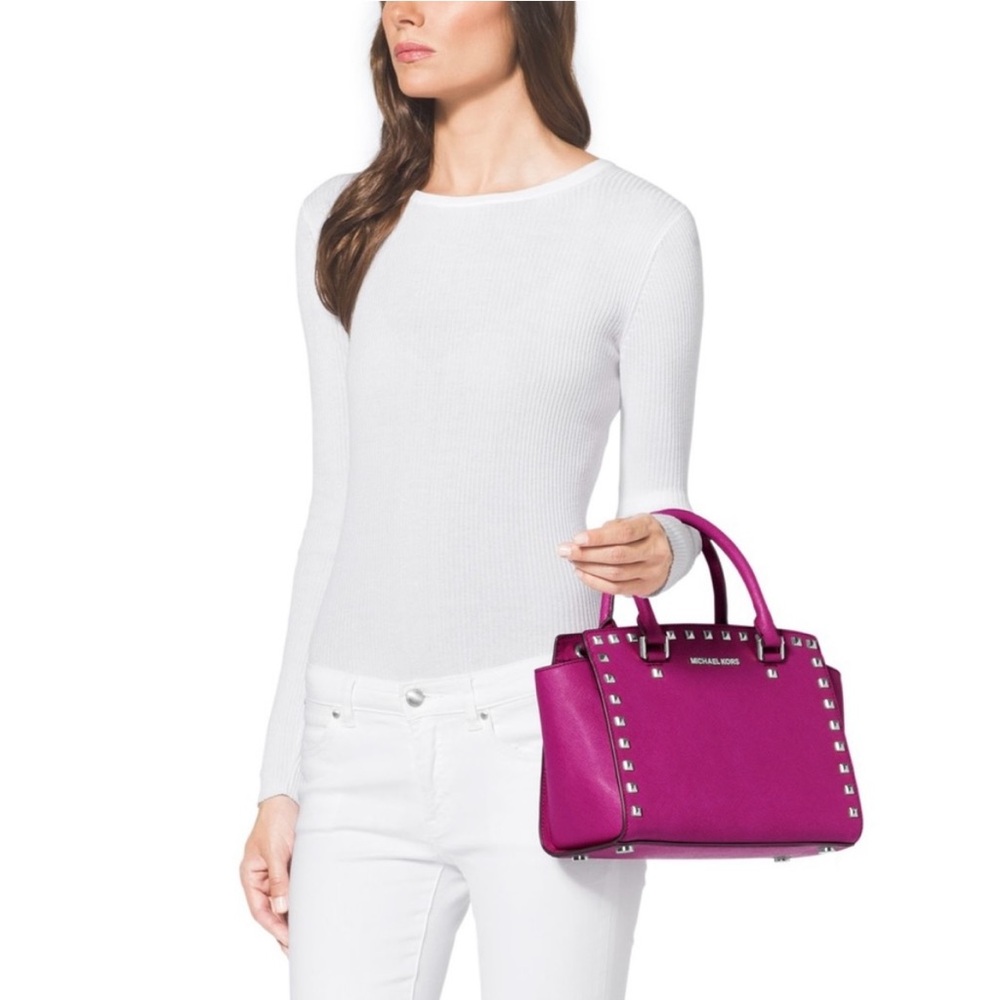 Michael Kors Fuchsia Studded Saffiano Leather Crossbody Satchel